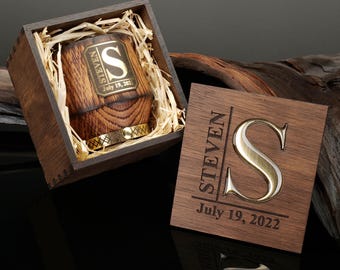 Personalized Whiskey Glass Set & Wooden Box, Engraved Oak Glass Set, Custom Bourbon Glass, Fathers Day, Groomsmen Gift, Whiskey Gift for Men
