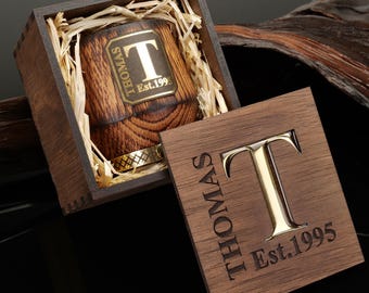 Custom Bourbon Glass Set, Personalized Wooden Gift Box, Oak Whiskey Glass, Best Man Gift, Barware Gift Set for Whiskey Lovers, Gifts for Him