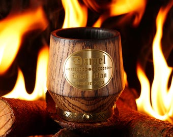 Personalized Oak Whiskey Tumbler with Engraved Brass Plate, Groomsmen & Best Man Gift, Father of the Bride, Groom Gift, Rustic Wedding Glass