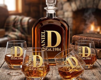 Gepersonaliseerde whiskykarafset met 4 glazen, gegraveerd monogram en naam Bourbon-cadeau, bruidsjonkers huwelijkscadeau voor hem