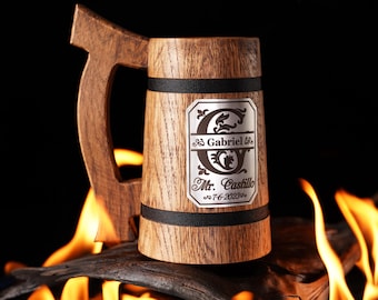 Personalized Beer Stein, Beer Lover Gift, Engraved Wooden Tankard with Monogram, Father’s Day Gift, Wedding Favor, Custom Groomsmen Gifts
