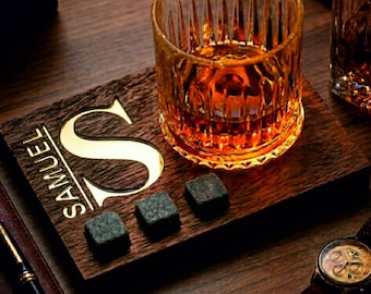 Executive Whiskey Gift for Men – Personalized Bourbon Glass & LED Wooden Coaster, Corporate Client Gift, Luxury Office Barware