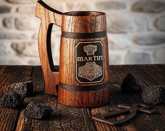 Thor Hammer Viking Beer Stein, Personalized Norse Wooden Mug, Medieval Fantasy Tankard, Celtic Rustic Decor Gift for Men