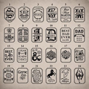 Engraving design options for personalized whiskey glass, charred oak tumbler customization styles