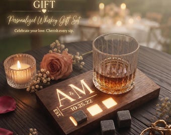 Personalized Anniversary Whiskey Set – Engraved Bourbon Glass & Lighted Wooden Coaster for Couples