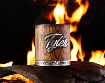 Bourbon Glass with Custom Name, Oak whiskey Tumbler, Gift for Men & Whiskey Lovers, Personalized Scotch Glass, Christmas Gift for Him