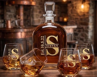 Engraved Whiskey Decanter Set, Custom Name & Date, Anniversary Keepsake, Personalized Barware for Couples, Gift for Him