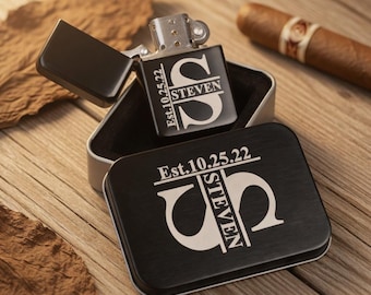 Personalized Engraved Lighter with Case, Custom Name Monogram, Initial Design, Gift for Him, Birthday Present, Classic Mens Accessory