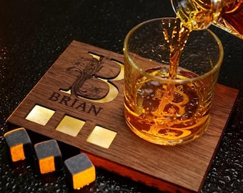 Personalized Lighted Wooden Whiskey Coaster Set with Engraved Glass - Groomsmen Gift