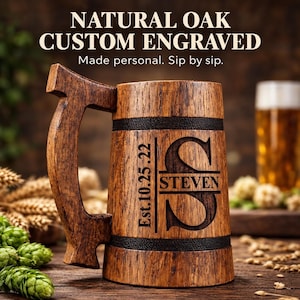 Boccale da birra in rovere personalizzato con incisione - Regalo per testimoni dello sposo, boccale in legno personalizzato, festa di matrimonio
