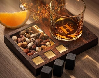 Personalized LED Whiskey Glass Set with Snack Tray, Engraved Bottom Design, Illuminated Wooden Base, Bourbon Lover Gift