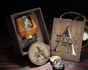Custom Whiskey Gift Set – Charred Oak Tumbler, Personalized Gift Box, Stones & Coaster – Rustic Gift for Him, Bourbon Lover, Groomsmen, Dad