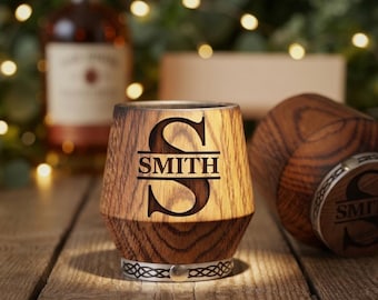 Personalized Whiskey Cup Set, Engraved Oak Bourbon Tumblers, Groomsmen Whiskey Glasses, Rustic Wedding Gift
