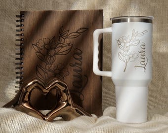 Personalized Bridesmaid Gift Set, Custom Engraved Tumbler & Sketchbook Gift Set, Travel Mug and Spiral Notebook for her, Gift for Birthday