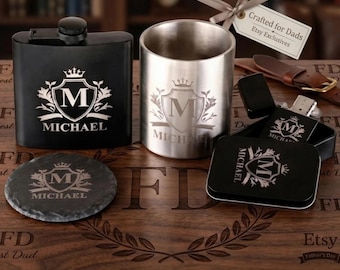 Personalized Fathers Day Gift Set for Dad, Engraved Flask & Lighter Set, Whiskey Stone Gift Box for Men