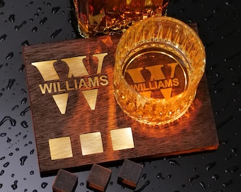 Personalized Bourbon Glass Set – Monogram Whiskey Glass with Custom Wooden Coaster & Whiskey Stones