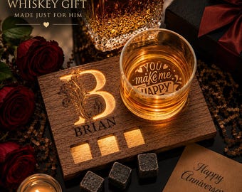 Personalized Whiskey Glass Set – Romantic Monogram Bourbon Gift for Husband, LED Wooden Coaster, Anniversary Whiskey Gift