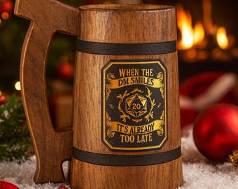 Personalized Beer Stein for Fantasy Gamers: Handcrafted Oak Wooden Tankard 22 oz
