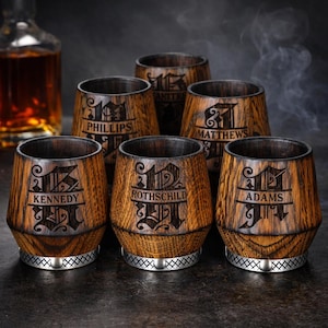 Set of personalized whiskey glasses, charred oak tumblers with engraving, groomsmen gift ideainterior.