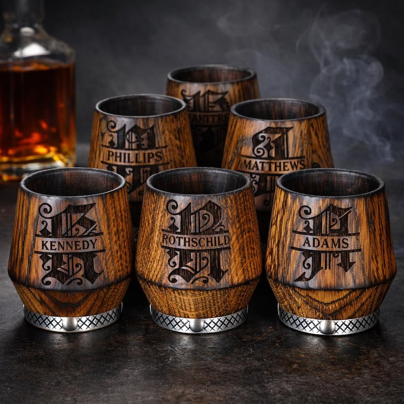 Set of personalized whiskey glasses, charred oak tumblers with engraving, groomsmen gift ideainterior.