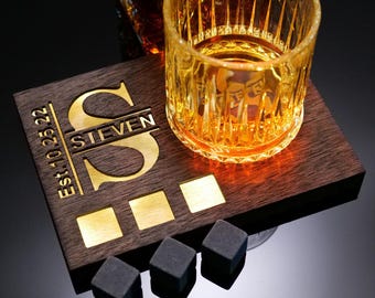 Personalized Luxury Whiskey Gift – Lighted Wood Tray with Rocks Glass – Custom Barware for Him – Corporate, Anniversary, Retirement Gift