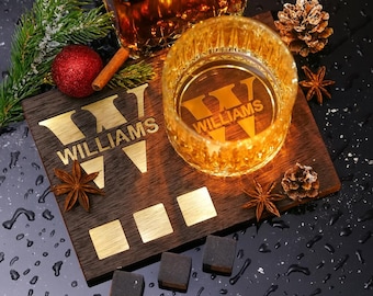 Personalized Bourbon Glass Set – Monogram Whiskey Glass with Custom Wooden Coaster & Whiskey Stones