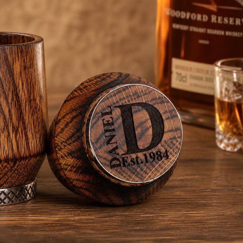 Personalized wooden whiskey glass bottom engraving, charred oak tumbler with custom initials detail