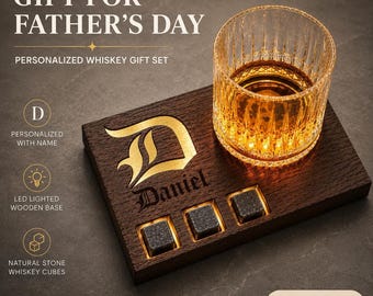 Personalized Whiskey Gift for Dad – Custom Bourbon Glass with Lighted Wooden Coaster & Whiskey Stones