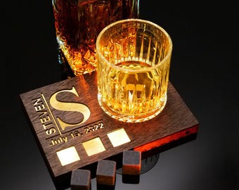 Whiskey Gift Set: Personalized Rocks Glass, Wooden Coaster with Light & Whiskey Stones