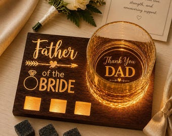 Father of the Bride Gift – Personalized Whiskey Glass Set with LED Wooden Coaster & Whiskey Stones, Custom Wedding Present for Dad