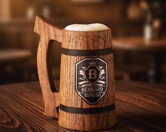 Personalized Oak Beer Mug, Engraved Wooden Tankard for Groomsmen, Beer Lover Gift, Rustic Custom Stein for Teams & Celebrations