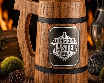 Personalized Dungeon Master Wooden Beer Mug – DND Beer Tankard, Fantasy Tavern Mug, RPG Gamer Gift, Oak Wood Stein