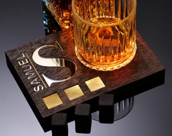 Personalized Whiskey Gift Set – Engraved Glass, Lighted Wooden Coaster & Whiskey Stones | Present for Men