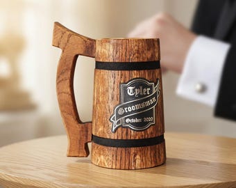 Personalized Wooden Beer Mug, Groomsmen Gift, Custom Engraved Mug, Wedding Rustic Oak Stein for Men