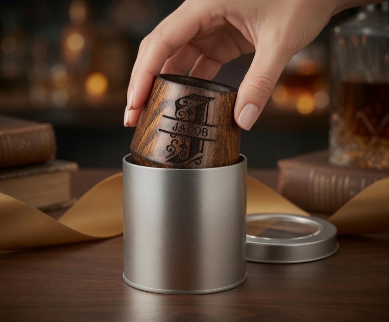 Hand placing a personalized oak shot glass inside an open silver metal gift box, showing how the wooden cup fits into the tin.