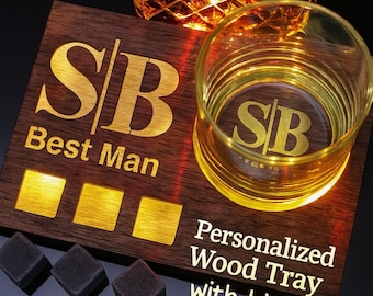 Personalized Wood Tray with Light & Whiskey Glass – Custom Engraved Gift for Him, Best Man, Groomsmen, Bourbon Lover, Father’s Day Gift