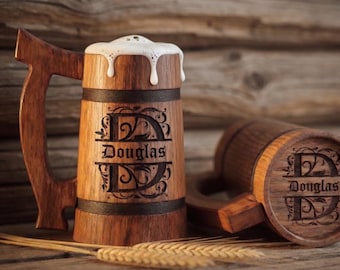 Personalized Oak Beer Mug Set, Engraved Wooden Tankard, Groomsmen Gift, Custom Name Beer Stein, Rustic Wedding Party Gift