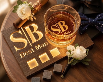 Best Man Whiskey Gift – Personalized Bourbon Glass with Engraved Wooden Coaster & Whiskey Stones