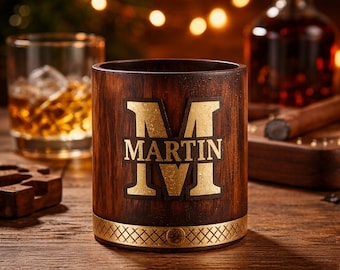 Personalized Wooden Whiskey Glass: Custom Etched Bourbon Scotch Tumbler