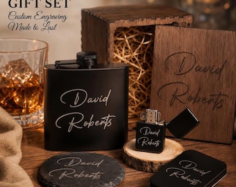 Personalized Flask Gift Set, Engraved Whiskey Set, Lighter & Coaster, Custom Wooden Box, Groomsmen Gift