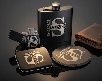 Personalized Flask Lighter Set, Engraved Whiskey Flask with Coaster, Custom Name Gift for Men, Minimalist Groomsmen Set