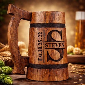 Personalized Engraved Oak Beer Mug - Groomsmen Gift, Custom Wooden Stein, Wedding Party