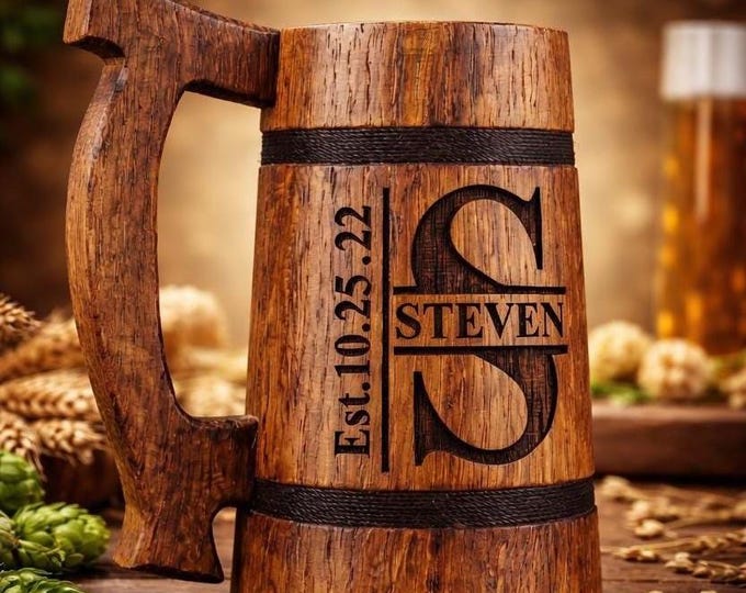 Featured listing image: Personalized Engraved Oak Beer Mug - Groomsmen Gift, Custom Wooden Stein, Wedding Party