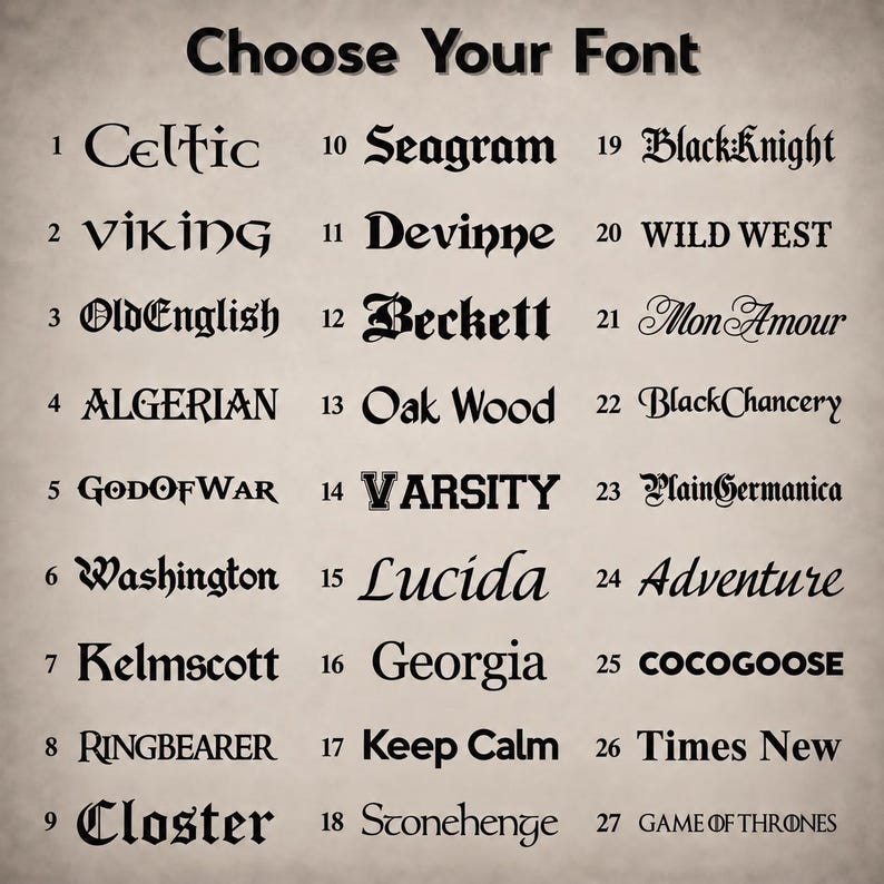 Font options for engraving personalized whiskey glass, custom design choices for wooden tumbler