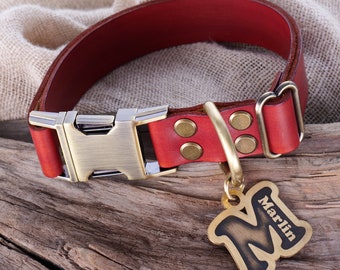 Personalized Leather Dog Collar with Engraved ID Tag, Custom Monogram Name Pet Accessories, Engraved Metal Buckle, Dog Collar Girl & Boy