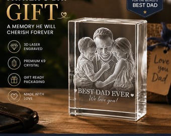 Father's Day Photo Crystal, Personalized Gift for Dad, Custom 3D Crystal Picture, Laser Engraved Photo Block, Dad Photo Keepsake