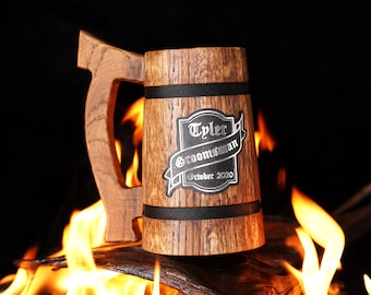 Personalized Beer Mug, Groomsmen & Best Man Gifts, Rustic Beer Stein for Weddings, Custom Wooden Tankard for Beer Lovers, Groomsmen Proposal