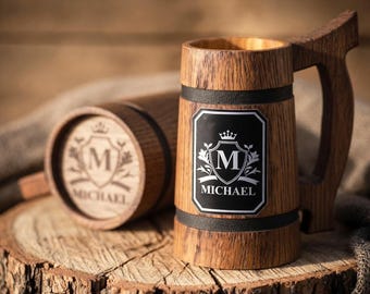 Personalized Oak Beer Mug, Engraved Wooden Stein, Custom Name Beer Gift for Him