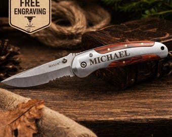 Personalized Pocket Knife, Engraved Folding Blade, Custom Groomsmen Gift for Him, Husband, Boyfriend, Wood Inlay Tactical Liner Lock Tool