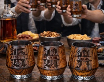 Set of 7 Personalized Whiskey Glass – Handcrafted Charred Oak Bourbon Tumbler with Wood Engraving